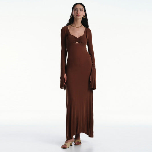 U Shaped Collar Minimalist Long Sleeve Waist Slimming Maxi Dress