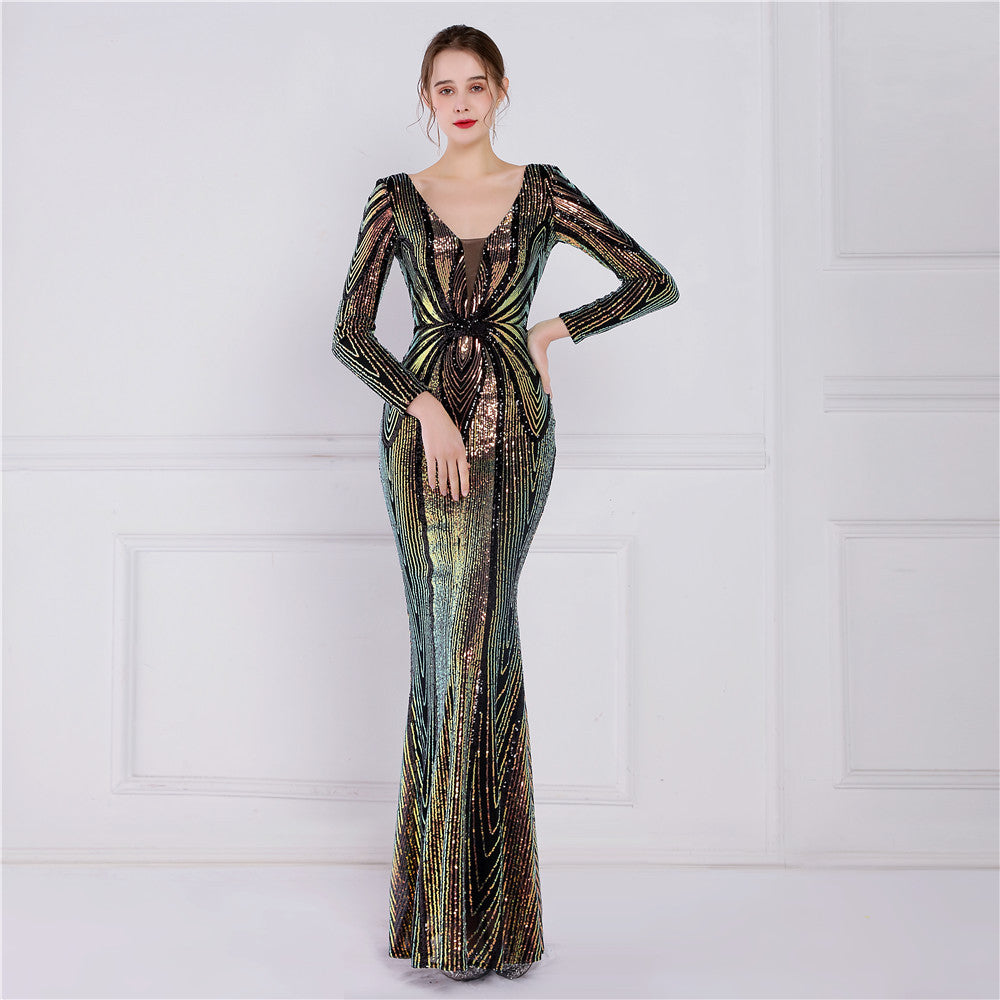 Positioning Floral Sequin Evening Banquet Elegant Long Sleeve Sequined Queen Fishtail Dress