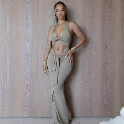 Twisted Hollow Out Cutout out Dress Pleated Lace up Halter Sleeveless Fishtail Dress