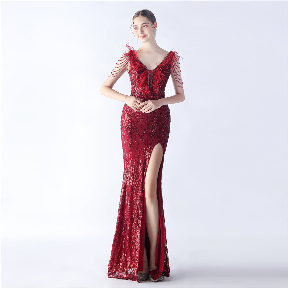Heavy Industry Ostrich Feather plus Beaded Long Sequined Evening Dress