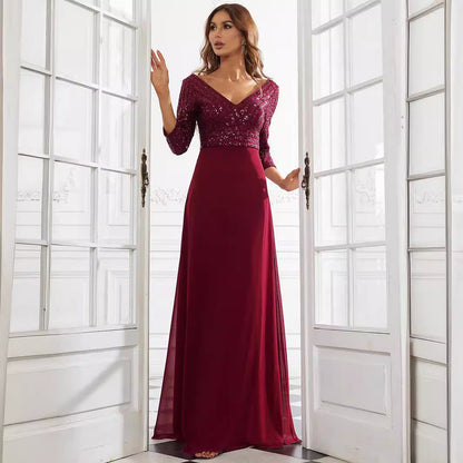 Middle East Chiffon Double V neck Dress A line Large Hem Sequin Stitching Evening Dress