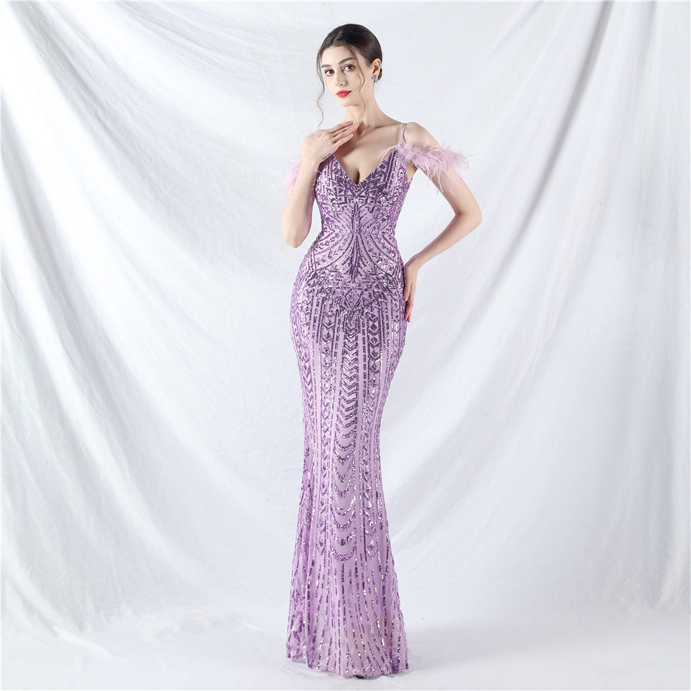 Positioning Floral Sequin Craft Order Ostrich Hair High End Evening Dress