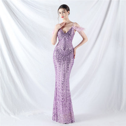 Positioning Floral Sequin Craft Order Ostrich Hair High End Evening Dress