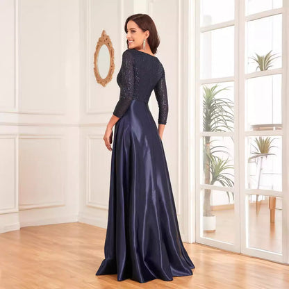 Blue Color Sequin V neck Long Sleeve Dress Satin Dress Slim Fit A line Dress Bridesmaid Cocktail Evening Dress