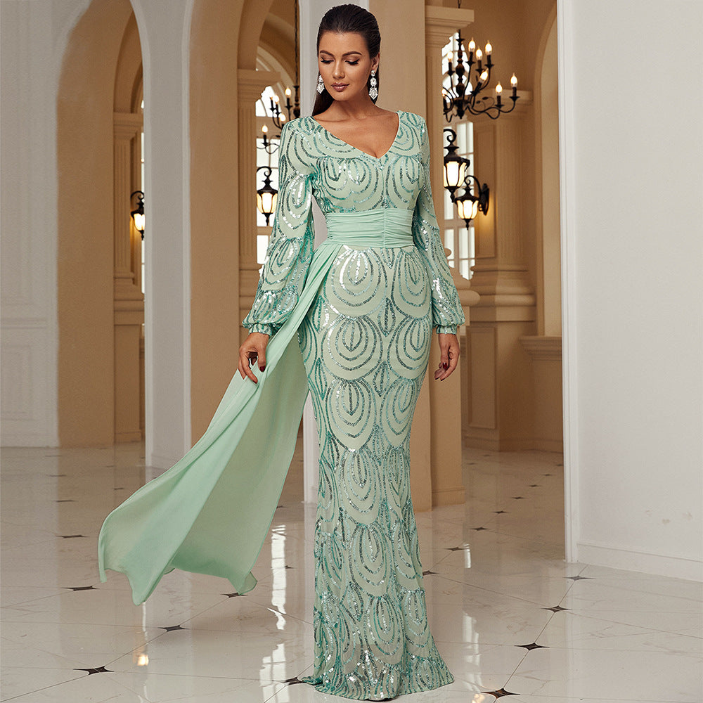 Long Sleeve Long Sequined V neck Cocktail Ribbon Evening Dress Bridesmaid