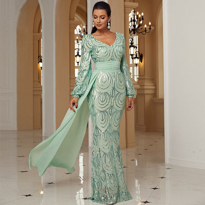 Long Sleeve Long Sequined V neck Cocktail Ribbon Evening Dress Bridesmaid