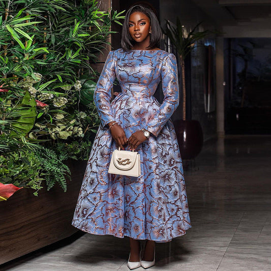 Crew Neck Long Sleeve Tight Waist Mid Length A line Pleated Dress