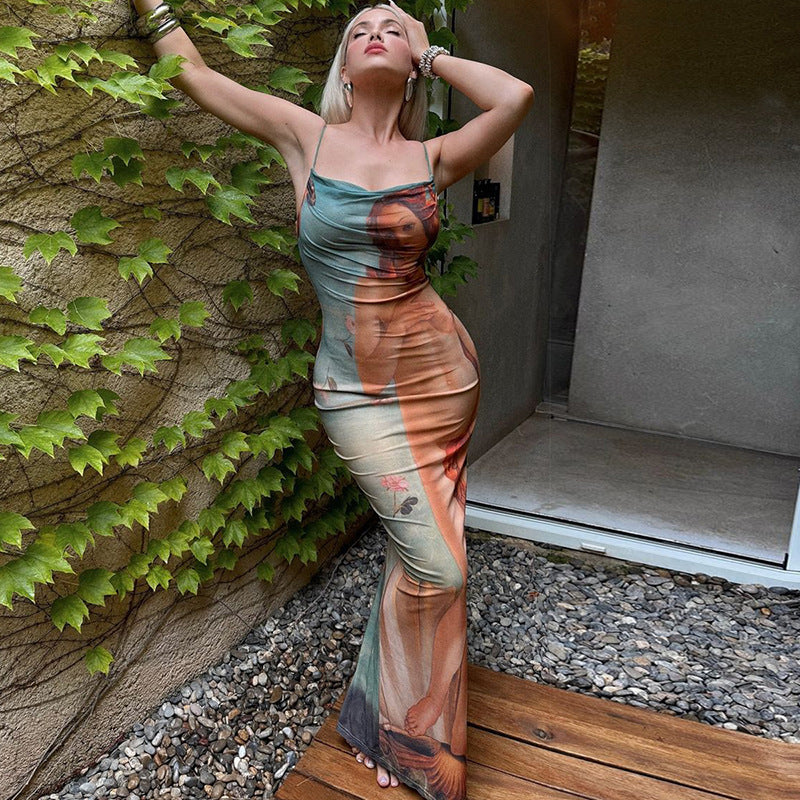 Figure Printed Sling Dress Sleeveless Split Slim Fit Maxi Dress