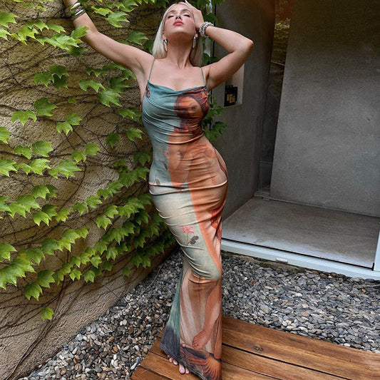 Figure Printed Sling Dress Sleeveless Split Slim Fit Maxi Dress