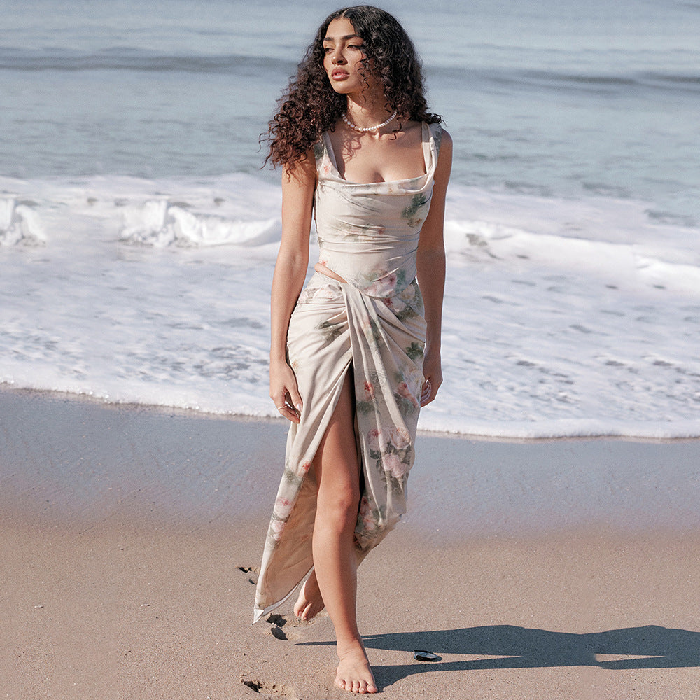 Chiffon Printed Spaghetti Straps Cropped Top Skirt Split Dress Two Piece Sets