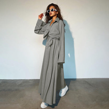 Loose Fitting Long Sleeves Shirt Vest Maxi Dress Two Piece Shirt Skirt Set