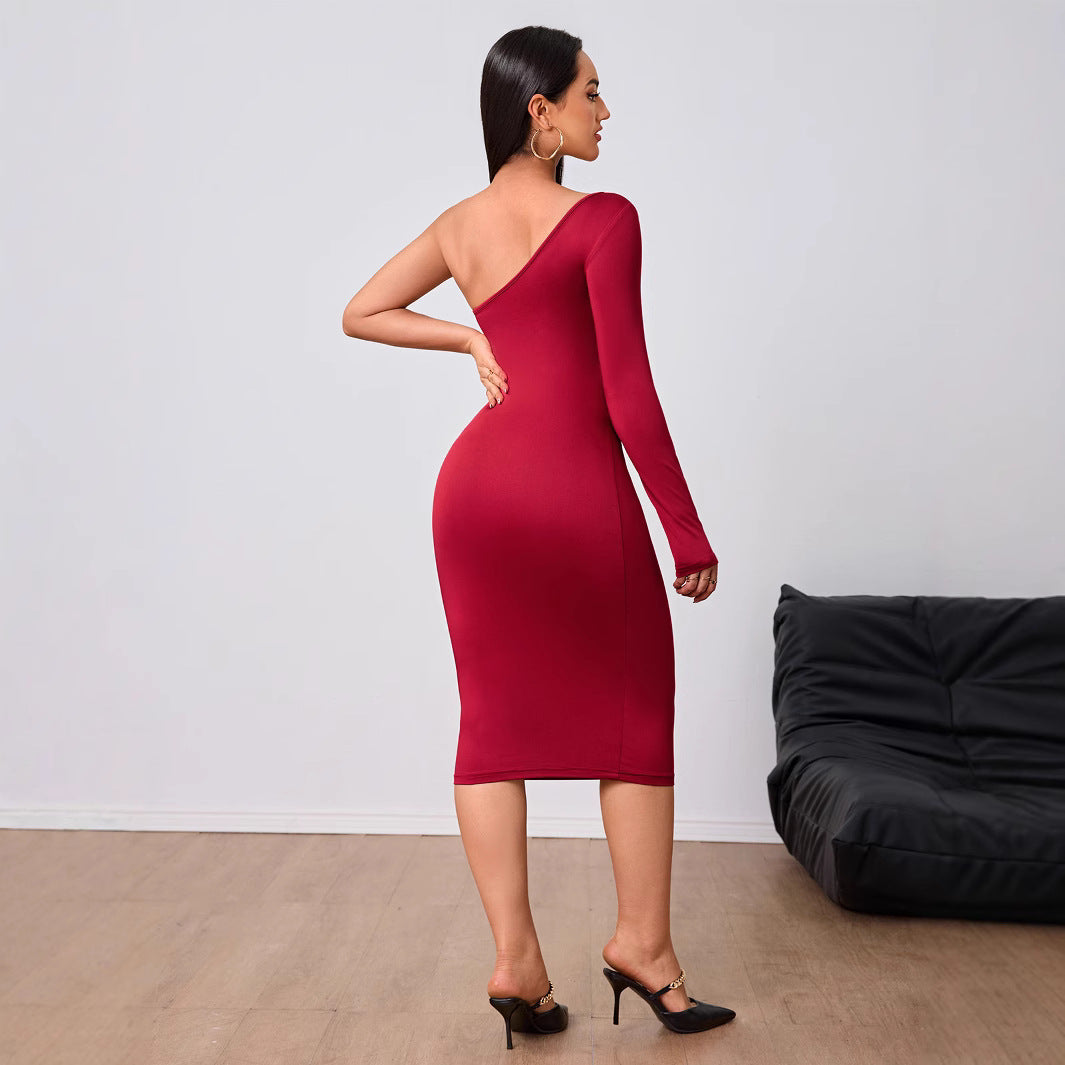 Wine Red Socialite Dress  Single Side Sleeve Midi Dress