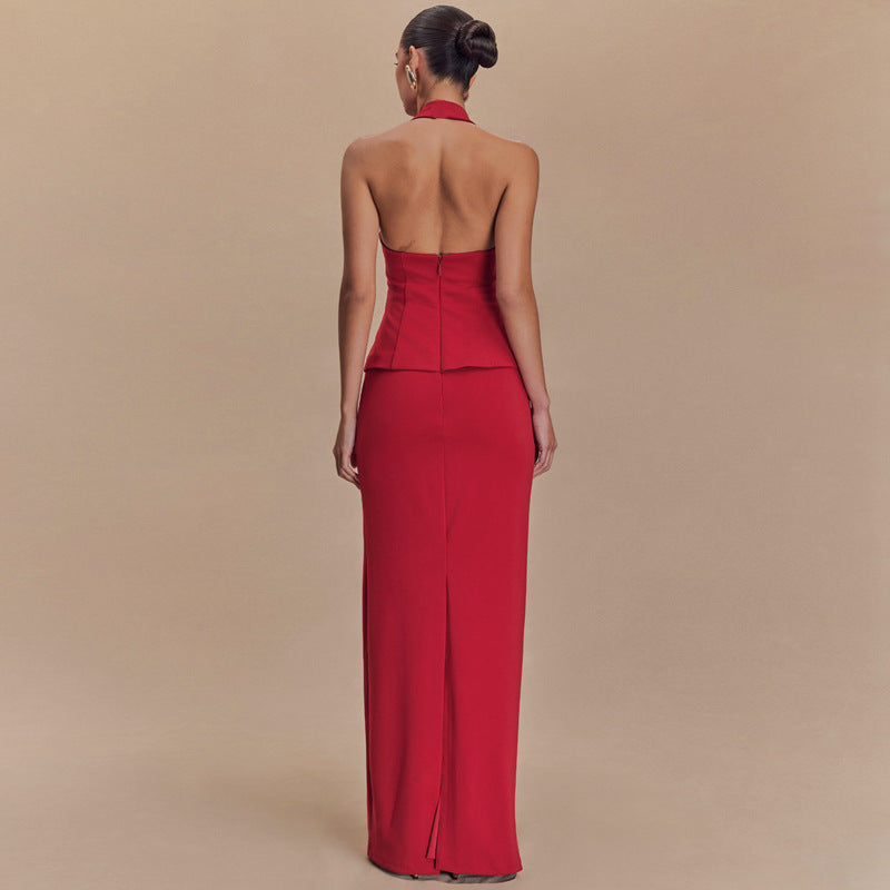 Solid Color Halter Top Backless Slim Fit Maxi Dress Two Piece Set