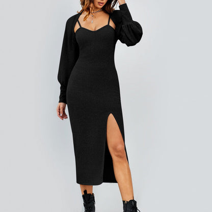 Black Halter Group Short Shawl Halter High Slit Dress
