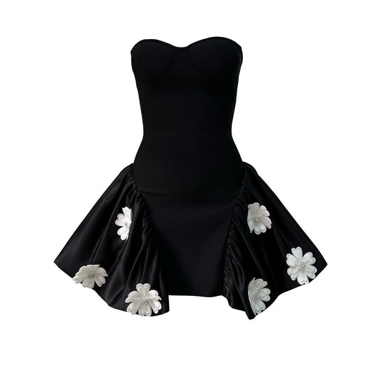 Ladies Graceful Tube Top Bandage Stitching Puffy dress Three Dimensional Floral Party Dress