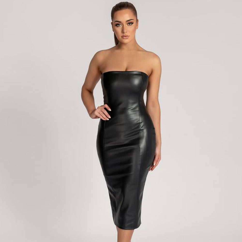 Solid Color Faux Leather Elegant Slim-Fit Tube Top Back Slit Midi Dress
