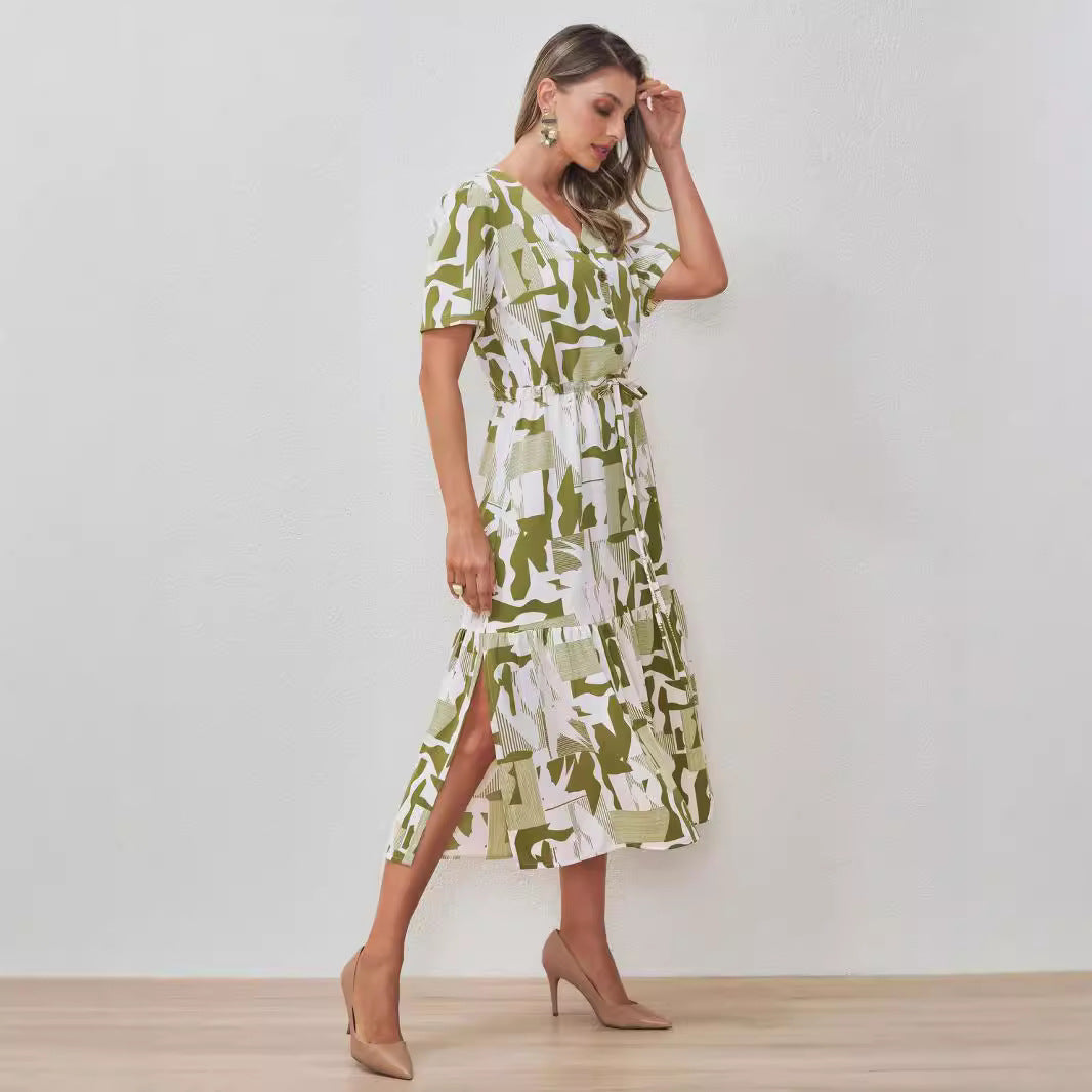 Cardigan Design Elastic Waisted Lace Side Slit Midi Dress