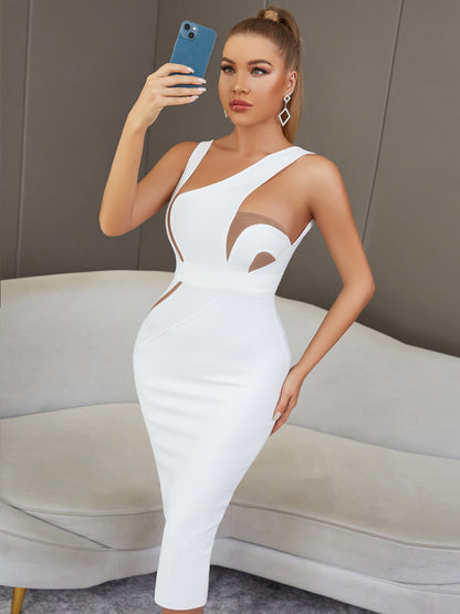 Vest Sleeveless Backless White Mid Length Tight Bandage One Piece Elegant Lady Of Note Evening Dress