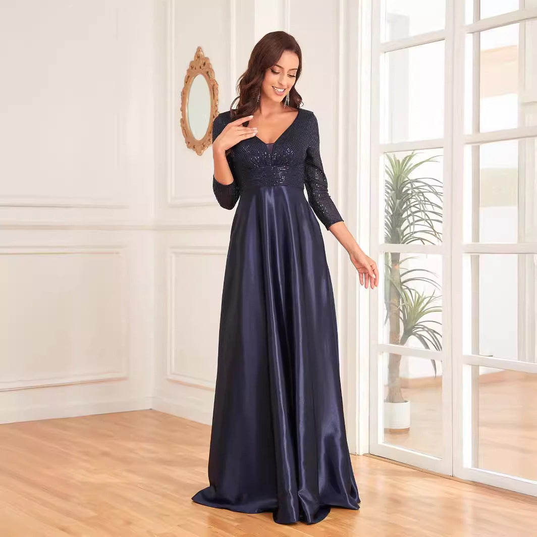 Blue Color Sequin V neck Long Sleeve Dress Satin Dress Slim Fit A line Dress Bridesmaid Cocktail Evening Dress