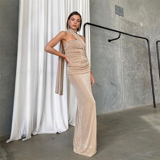 Slim Fit Backless Tube Top Ribbon Halter Pleated Solid Color Maxi Dress Evening Dress