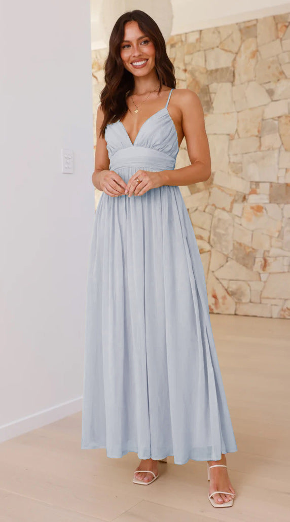 Backless Lace up Tight Waist Slim Chiffon Dress