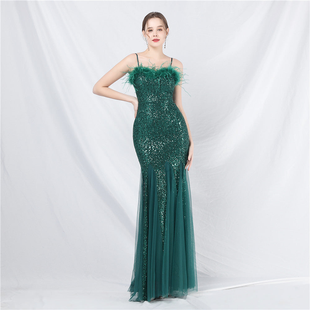 Craft Order Ostrich Feather Mesh Sequined Long Evening Dress