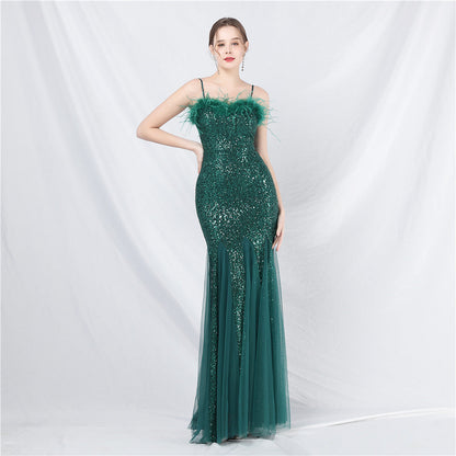 Craft Order Ostrich Feather Mesh Sequined Long Evening Dress