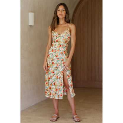 Small Floral Print Vestidos Slit Hemline at Hem Mid-Length Strap Estampado Floral Dress