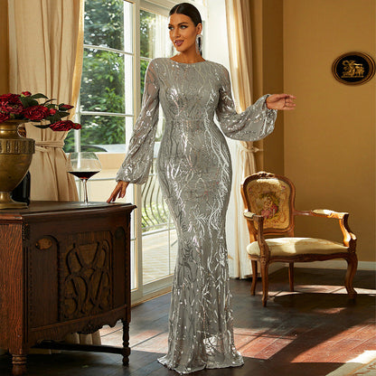 Elegant Tight Long Long Sleeve Sequined Cocktail Catwalk Evening Dress for