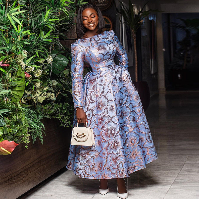 Crew Neck Long Sleeve Tight Waist Mid Length A line Pleated Dress