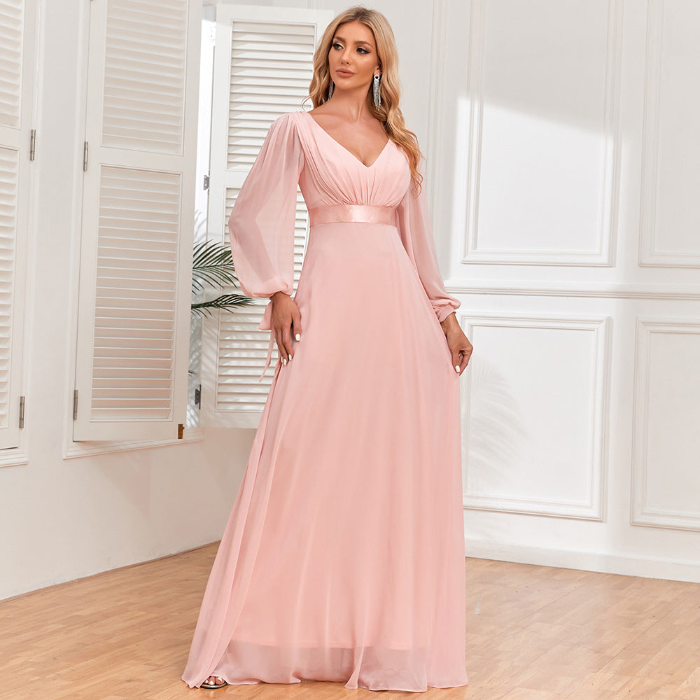 Pink Chiffon Dress Lace Up Long Sleeve Pairs V Neck Stitching Elastic Waist A Large Swing Evening Dress