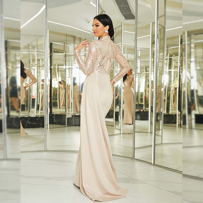 Elegant Long Sequined Long Sleeve round Neck Cocktail Annual Meeting Evening Dress Bridesmaid