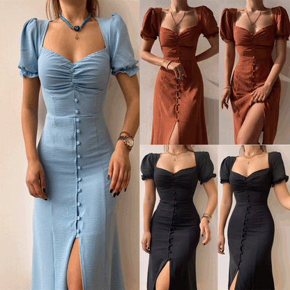 V-neck Single-Breasted Elegant Midi Dress