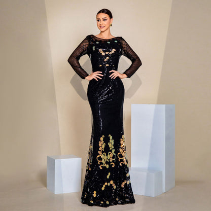 Long Sequined Long Sleeve round Neck Cocktail Evening Dress Bridesmaid