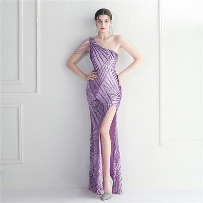 Floral Oblique Shoulder Collar Split Dinner Celebration Host Sequined Long Evening Dress