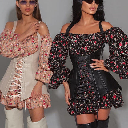 Long Sleeve Floral Dress with Vest Waist Tight Slimming A line Dress