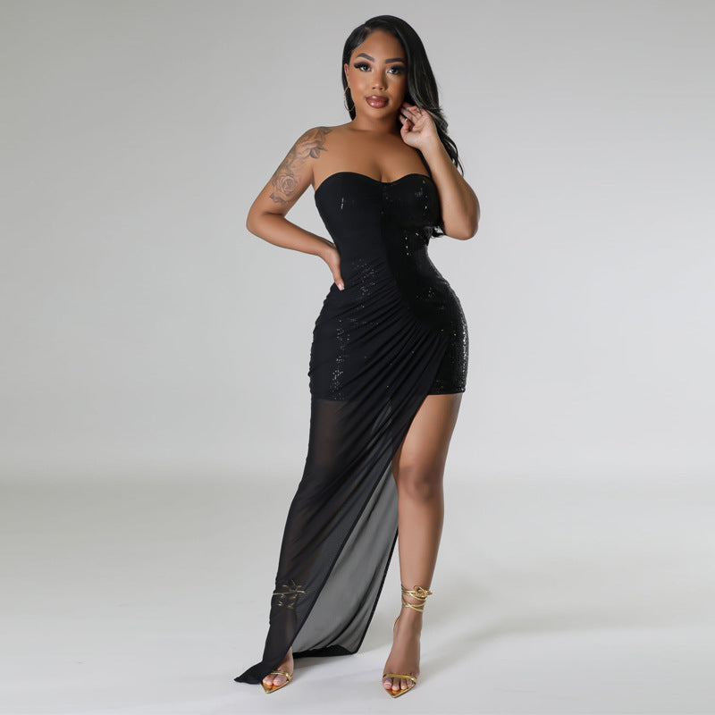 Sequ Dress Split Sequin Strapless Dress