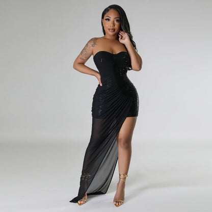 Sequ Dress Split Sequin Strapless Dress