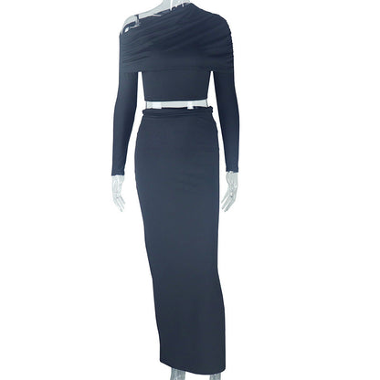 Comfort Casual Solid Color Cropped Skirt Set Maxi Dress Long Sleeve Diagonal Collar Two Piece Set