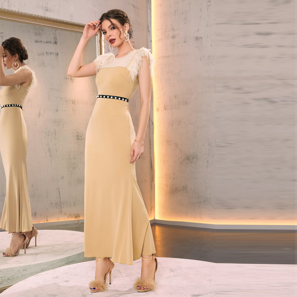 Patchwork Feather Vest High Waist Dress