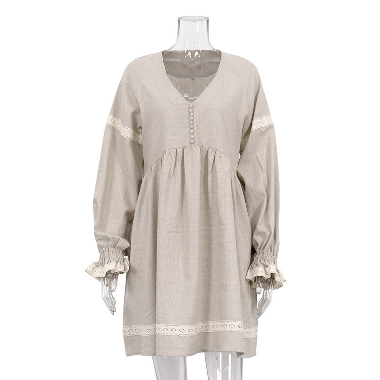 Cotton Linen French Dress Office V neck Lantern Sleeve Loose Dress