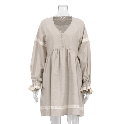 Cotton Linen French Dress Office V neck Lantern Sleeve Loose Dress