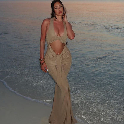 Solid Color Pleated Tight Dress Cutout Cropped Halter U Collar Length Dress