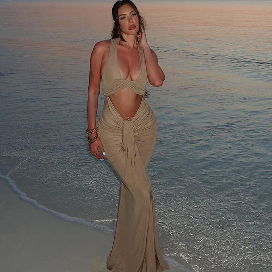 Solid Color Pleated Tight Dress Cutout Cropped Halter U Collar Length Dress