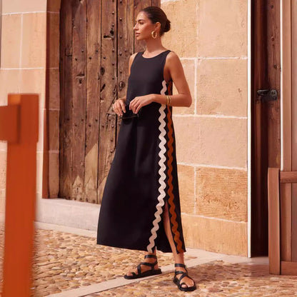 Casual Round Neck Vest Solid Color Lace Stitching Mid Length Dress