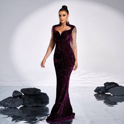 Premium Long Sleeve Square Neck Hip Wrapped Cocktail Sequined Rhinestone Fishtail Evening Dress