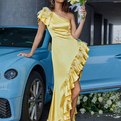 One Shoulder Ruffled Maxi Dress Cocktail Party Evening Dress