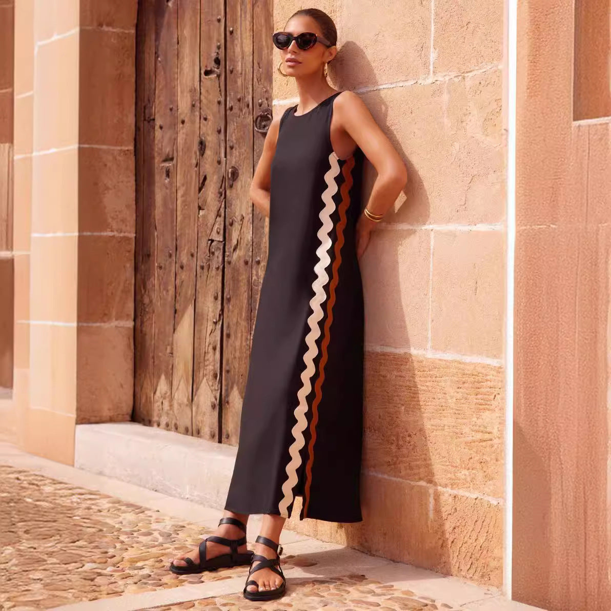 Casual Round Neck Vest Solid Color Lace Stitching Mid Length Dress