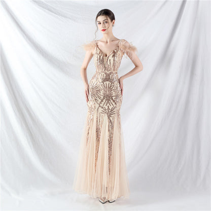 Color Craft Order Ostrich Feather Mesh Sequin Sling Dress Evening Dress
