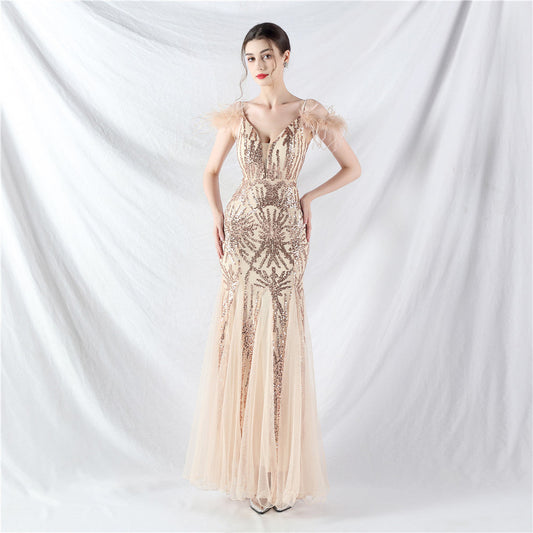 Color Craft Order Ostrich Feather Mesh Sequin Sling Dress Evening Dress
